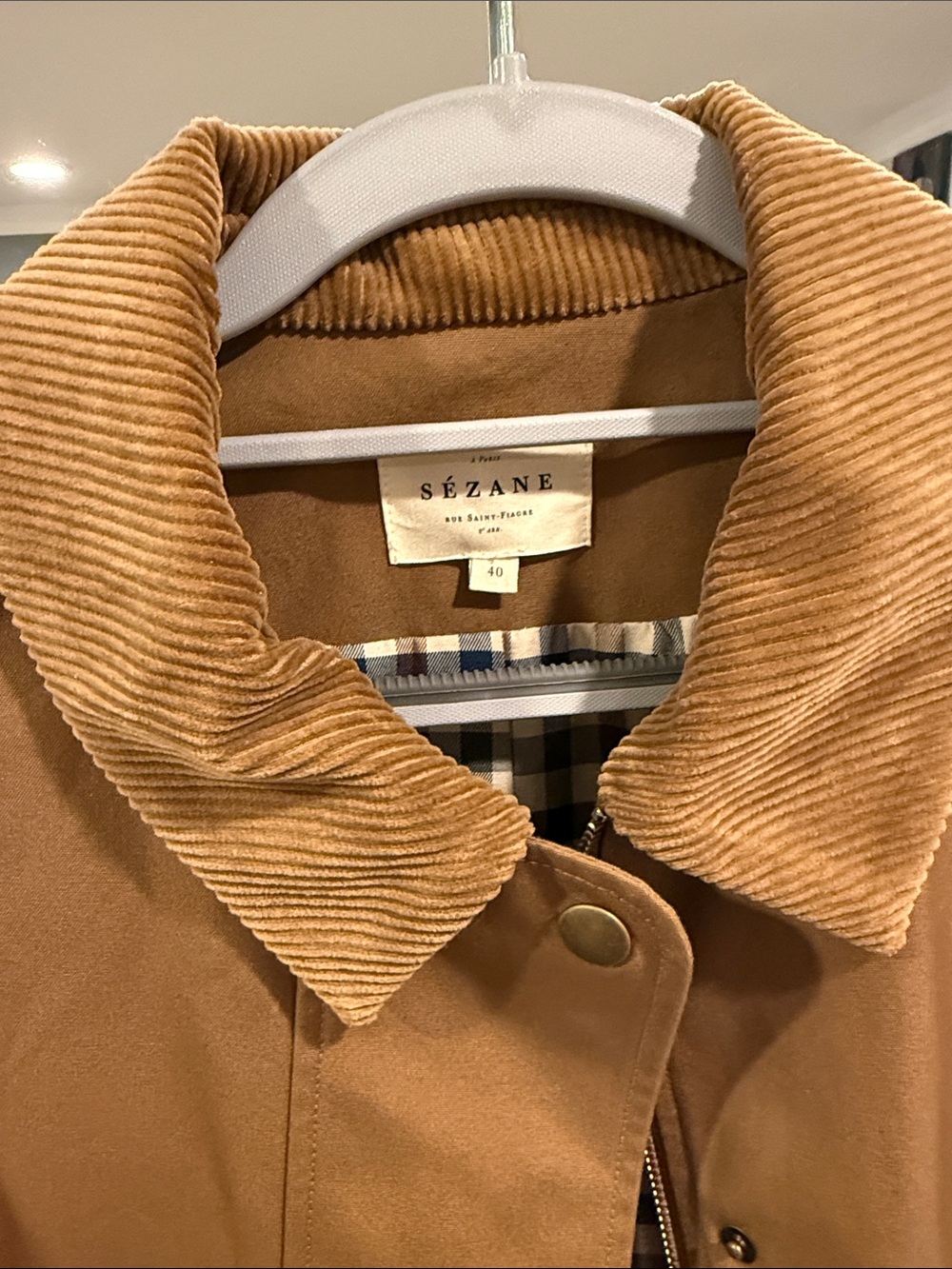 Sezane Brown Tan Cotton Raincoat with Corduroy Trim - Picture 2 of 5